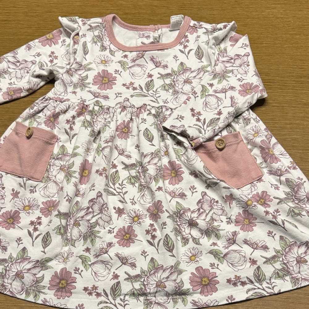 Girls Floral Long-Sleeve Pocket Dress - Pink & White